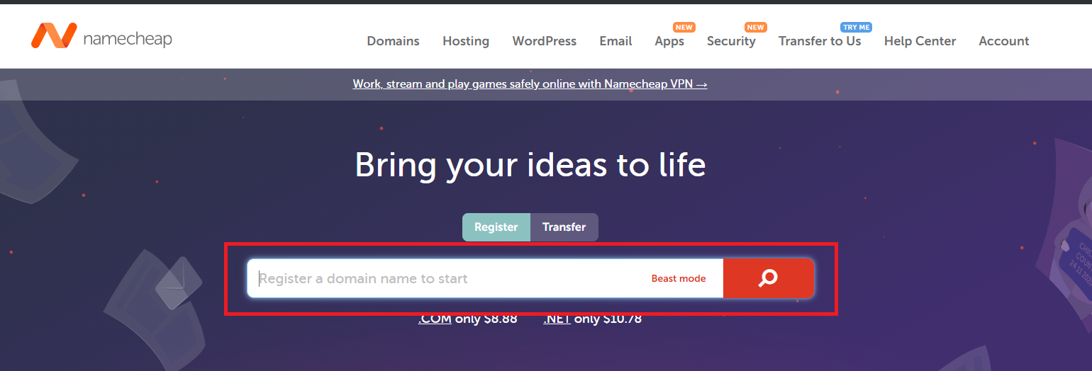 Search domain on Namecheap for Self-Hosted Ghost