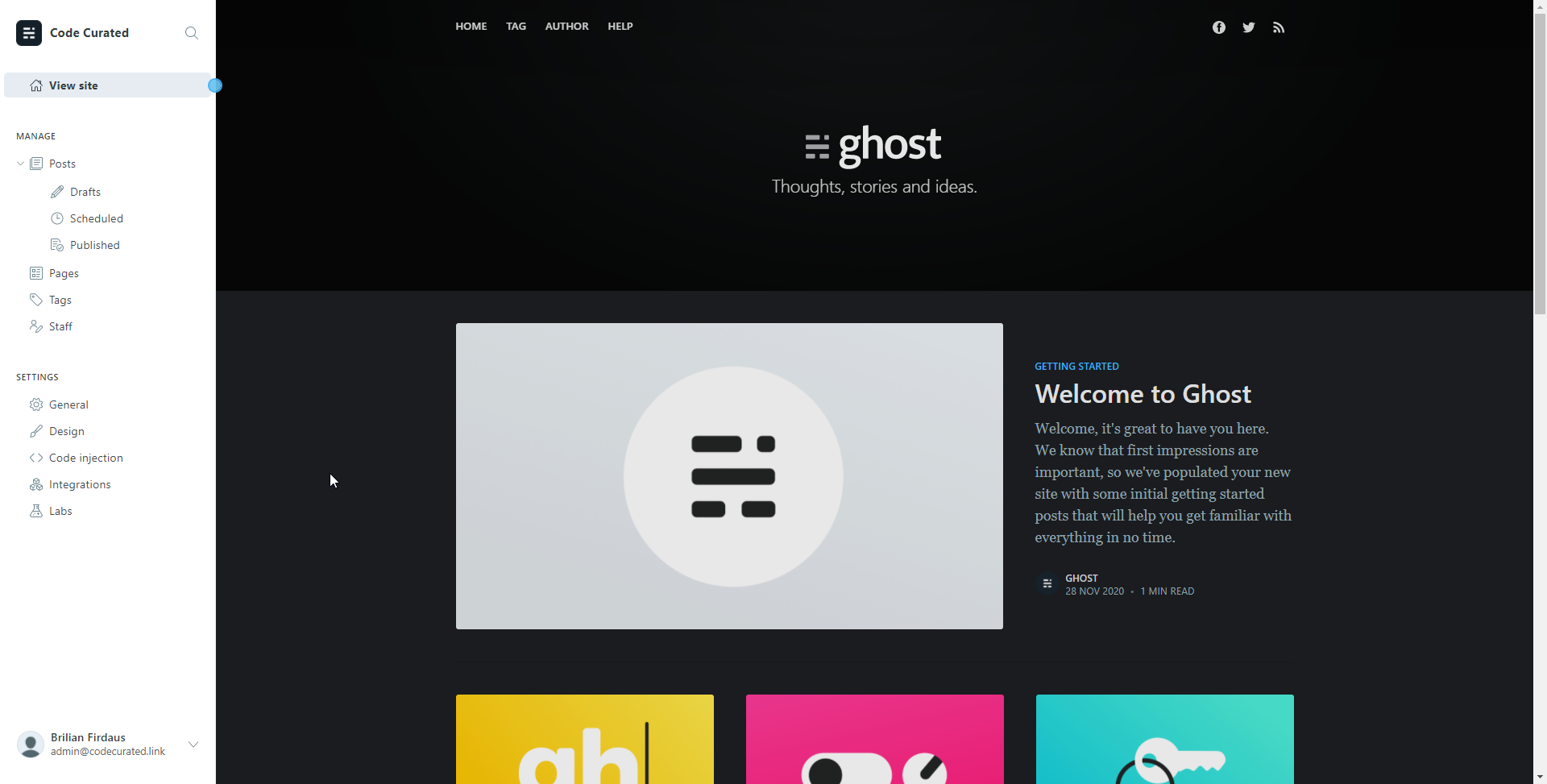 Self-hosted Ghost's admin page
